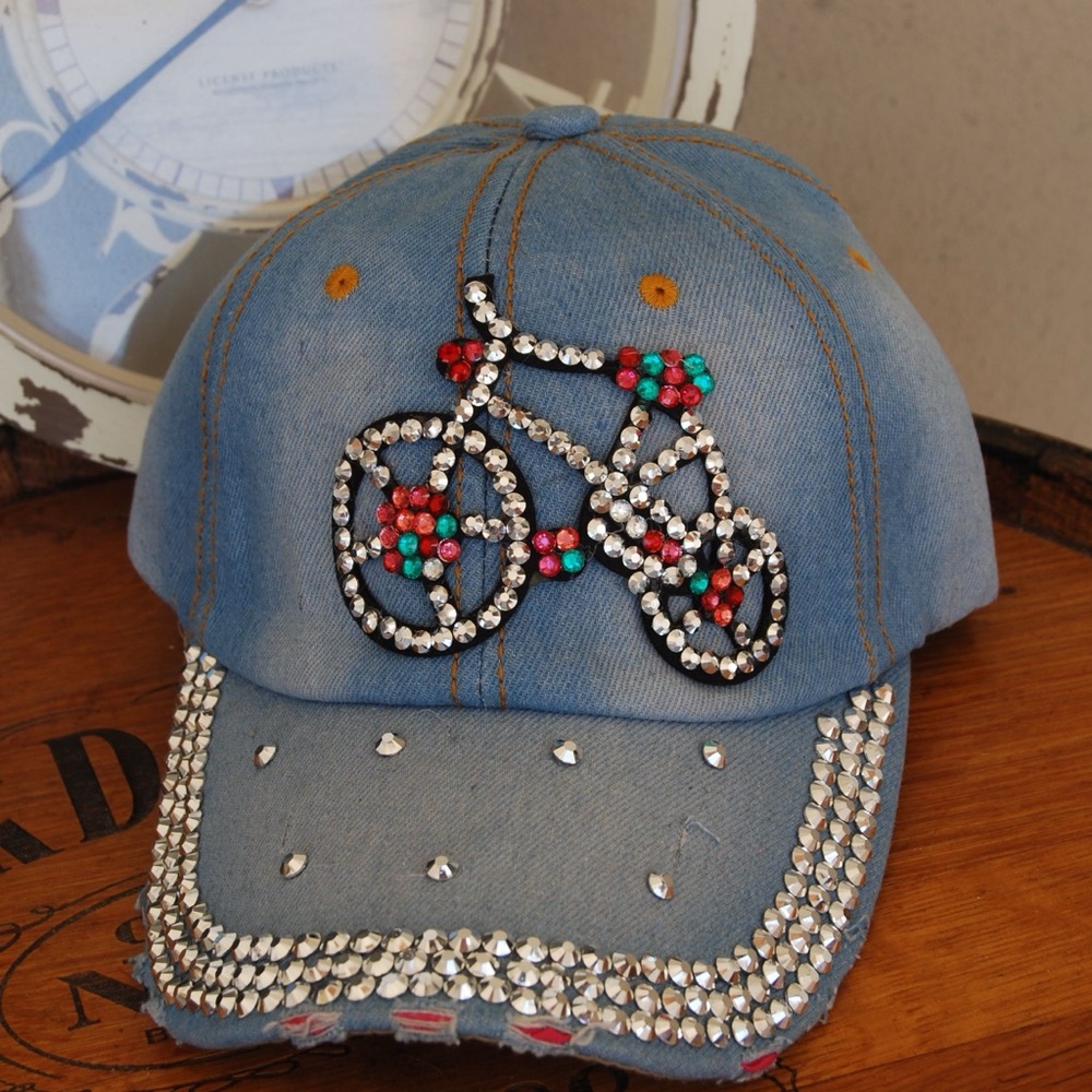 Denim Cap with Sparkling Bicycle Design